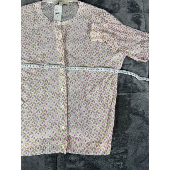 LOFT Ann Taylor Cardigan Sweater Medium M NWT Diamond Print Ramie Rayon White. - Picture 11 of 12